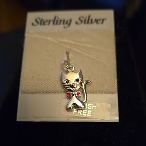 Vintage Sterling Silver Cat Pendant/Charm with Red Accents 3/4"X1/2"